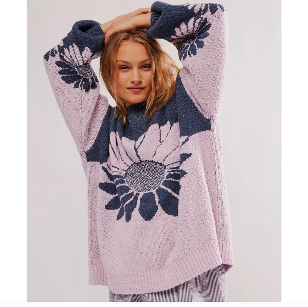 Free People Pink and Blue Floral Sweater